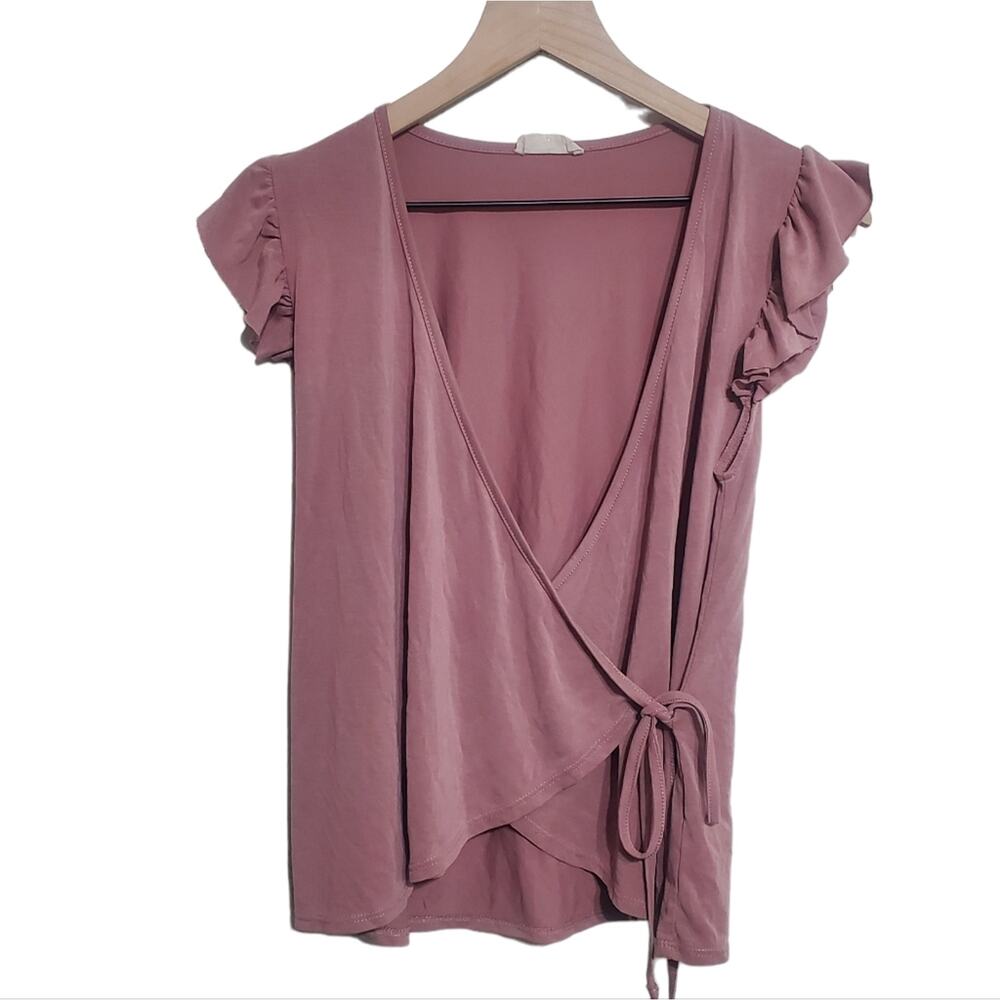 Hummingbird Rose Pink Wrap Tie Front Top Flutter Ruffle Sleeves Barbiecore Small